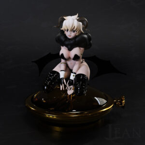 The 3D render features a succubus lady wearing tight and revealing black leather attire, sitting on a large golden pocket watch. This artwork is a collaboration with the artist Honne.