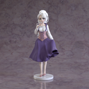 Collab figure with JennyLiz. It features her OC Violet in a purple dress with a white blouse and a corset. She has white hair tied up into a ponytail and she is smiling happily.