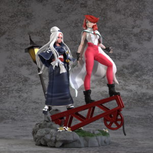 Fanart 3D model for Ross Draws. It features his two OCs on a red crane in a meadow with white flowers. One has long white hair and is wearing a blue kimono with a katana, while the other has red shoulder-length hair, a white coat, and red pants."