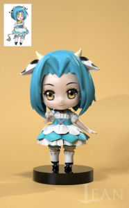 3d model of a cute little chibi cow girl. She wears a cute little dress with a lots of ruffles in white and blue.