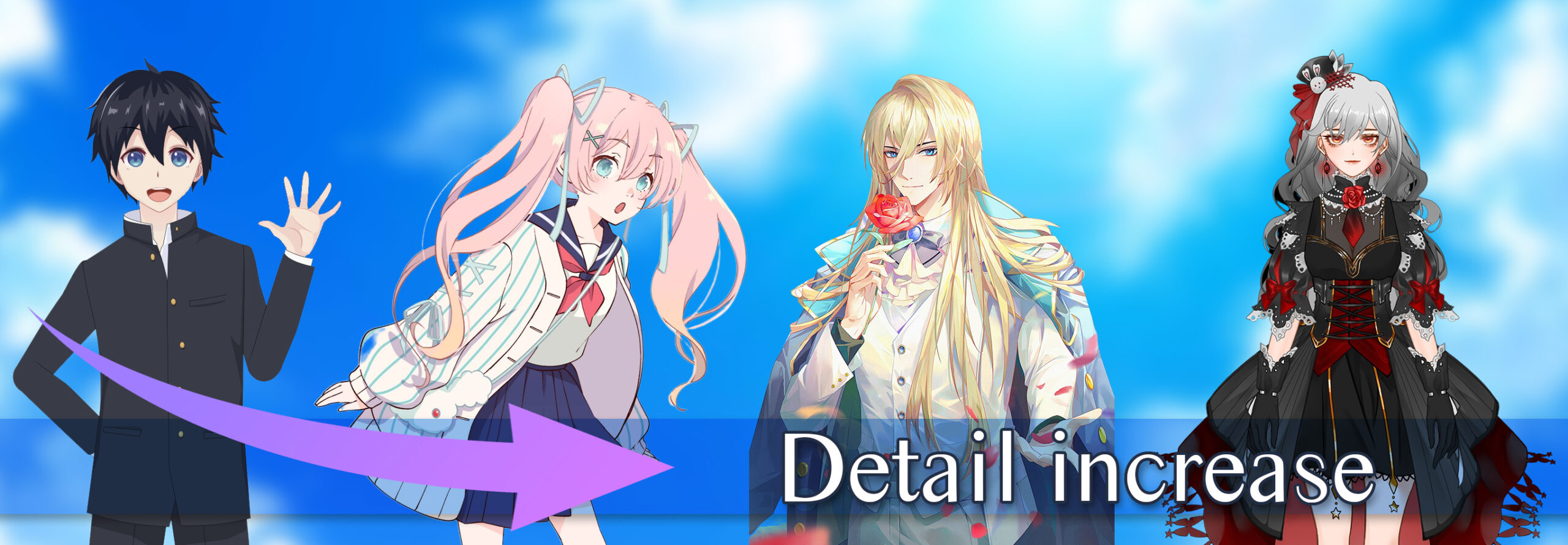 Der Banner zeigt verschiedene 2D-Anime-Charaktere. Von links nach rechts gewinnen sie allmählich mehr Details und Extras, um den gesteigerten Aufwand bei der Erstellung von 3D-Modellen zu veranschaulichen