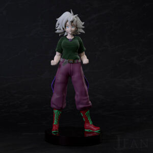 The image depicts a 3D-rendered figure of a strong woman in the Dragon Ball style. She exudes confidence and is dressed in a green shirt, purple pants, and red boots. Her hands are clenched into fists