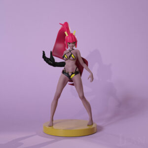 A 3D model of a woman with caramel-colored skin, vibrant pink hair, and an oversized hand. She is wearing a yellow and black skimpy bikini and exudes a confident and dangerous aura.