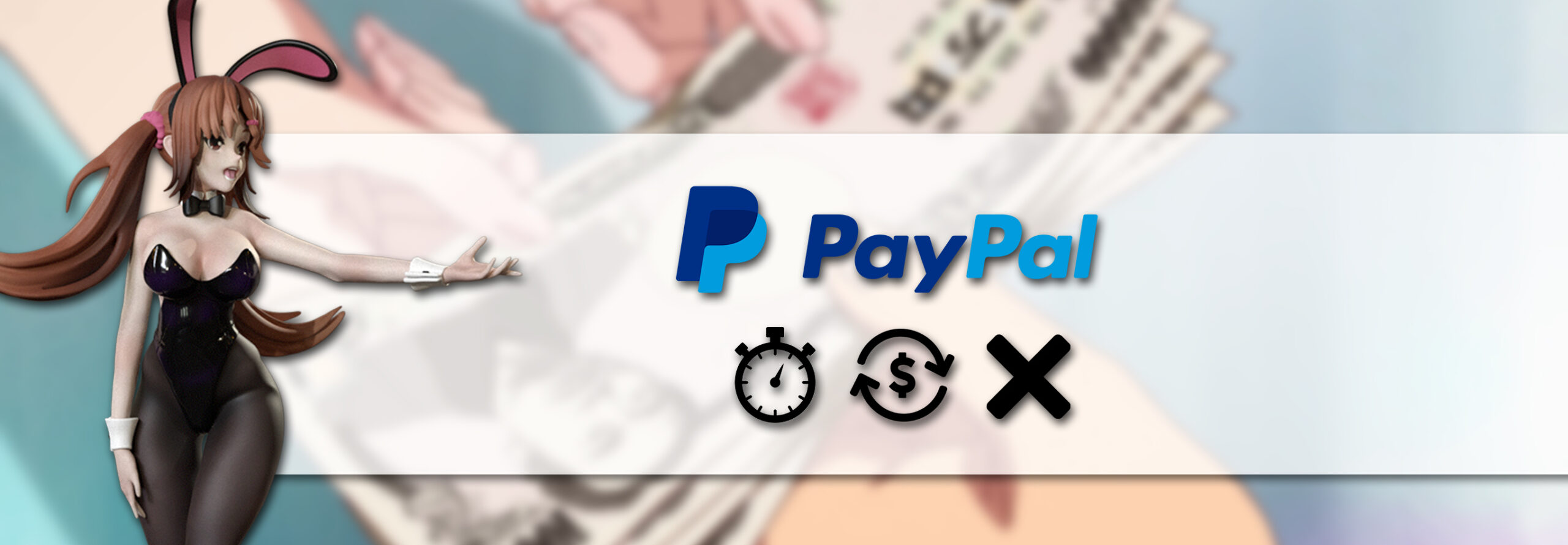 Der Banner zeigt ein in 3D gerendertes Mädchen im Bunnykostüm, das auf ein PayPal-Symbol zeigt